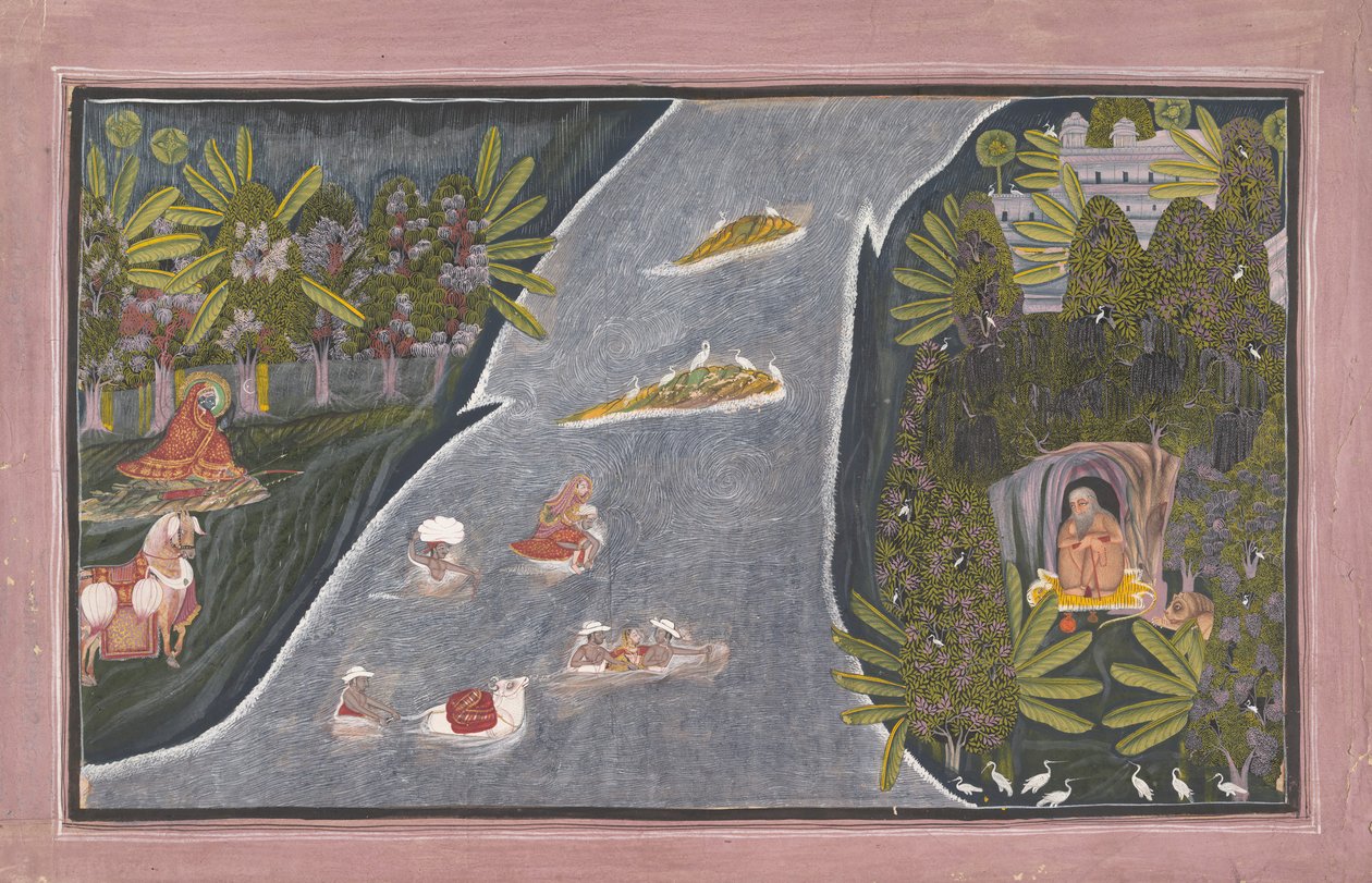 Radha překračuje řeku, aby udělala rozhovor s hinduistickým mudrcem, ca. 1820. od Chokha