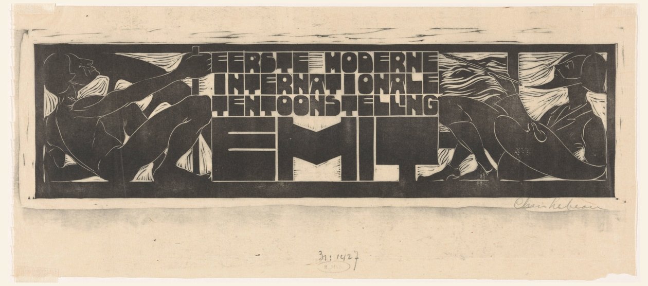 Oznámení nebo titulní hlava pro první moderní mezinárodní výstavu (EMIT) v Scheveningenu První moderní mezinárodní výstava EMIT (název na objektu) od Chris Lebeau (signed by artist)