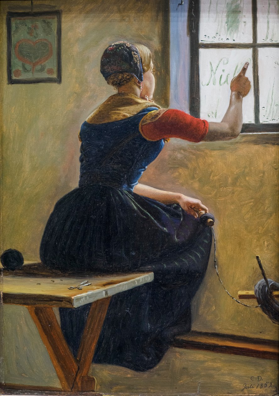 Mladá venkovská dívka z Jutska píše jméno svého přítele na zamlžené okenní sklo od Christen Dalsgaard