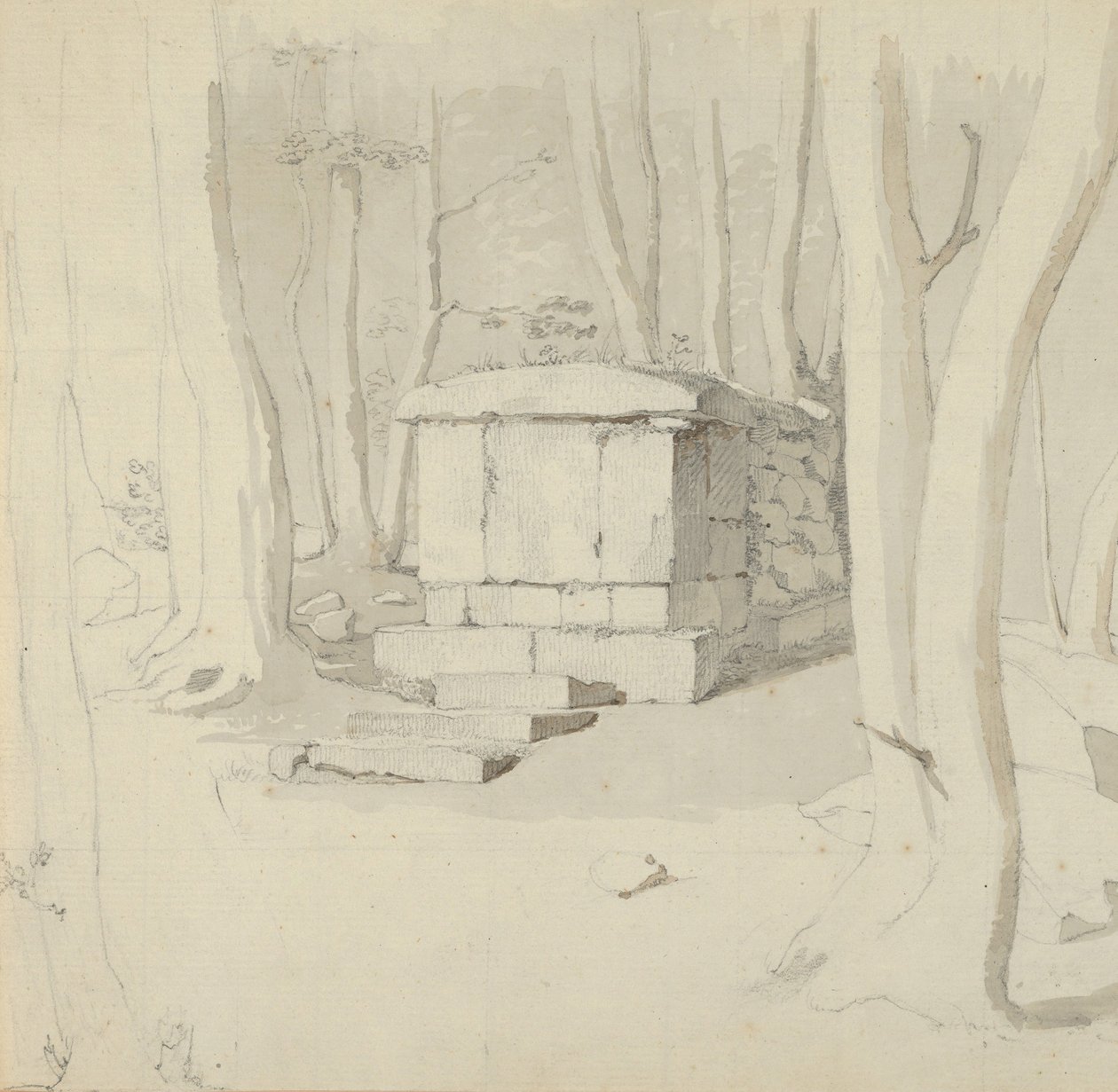 Kamenná hrobka v lese, verso: Studie květiny, 1830. od Christen Købke