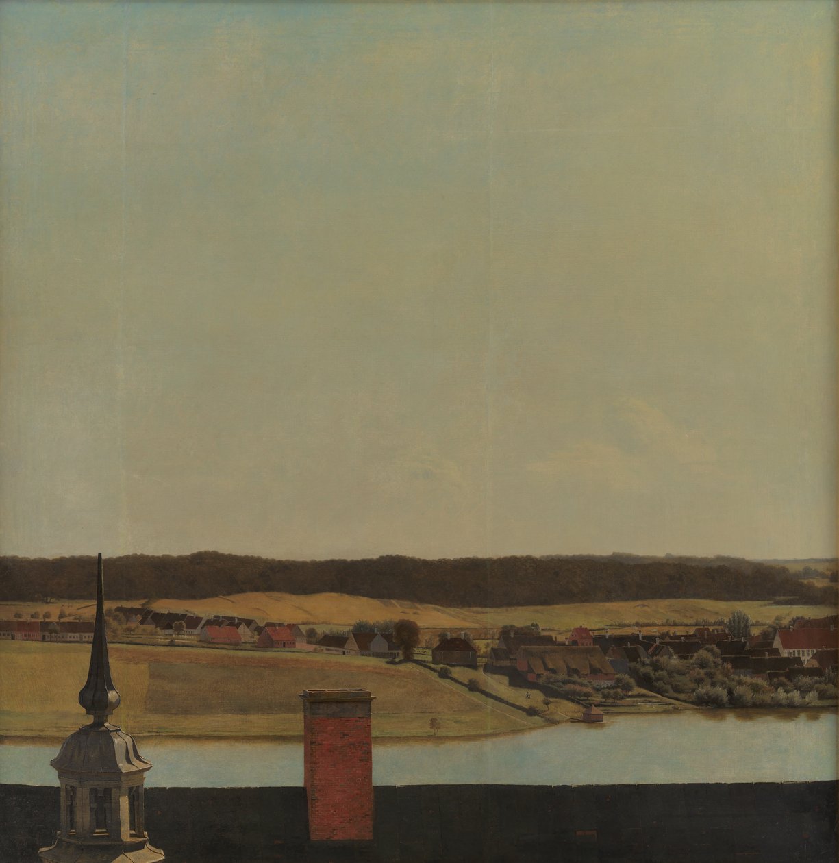 Hřeben na střeše hradu Frederiksborg s výhledem na jezero, město a les od Christen Købke