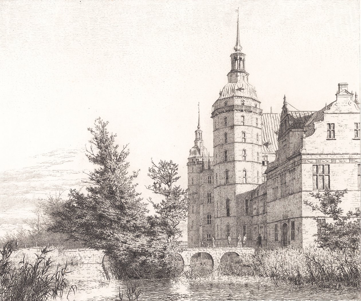 Zámek Frederiksborg. Pohled u Mincovního mostu od Christen Købke