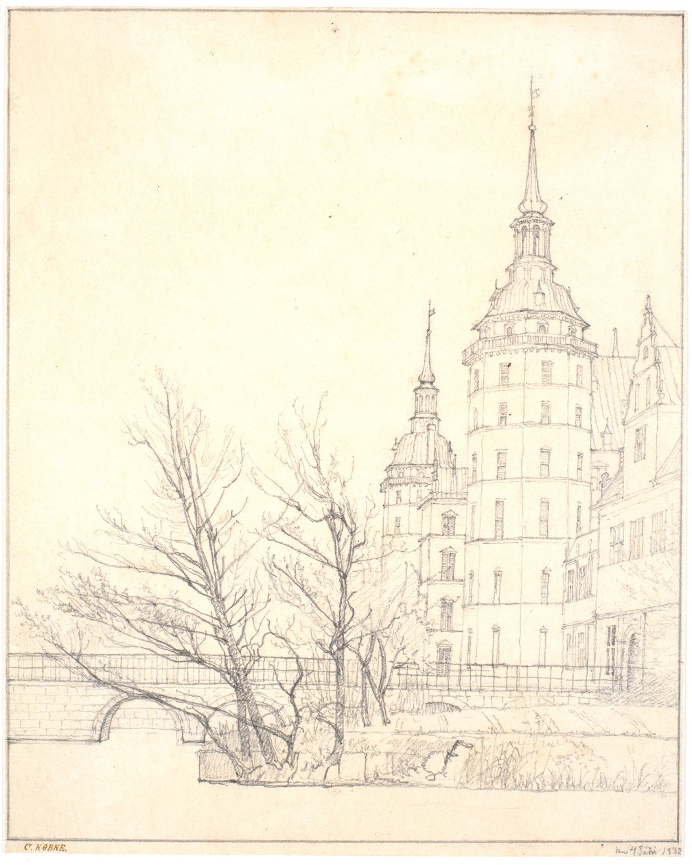 Zámek Frederiksborg. Pohled u mincového mostu od Christen Købke