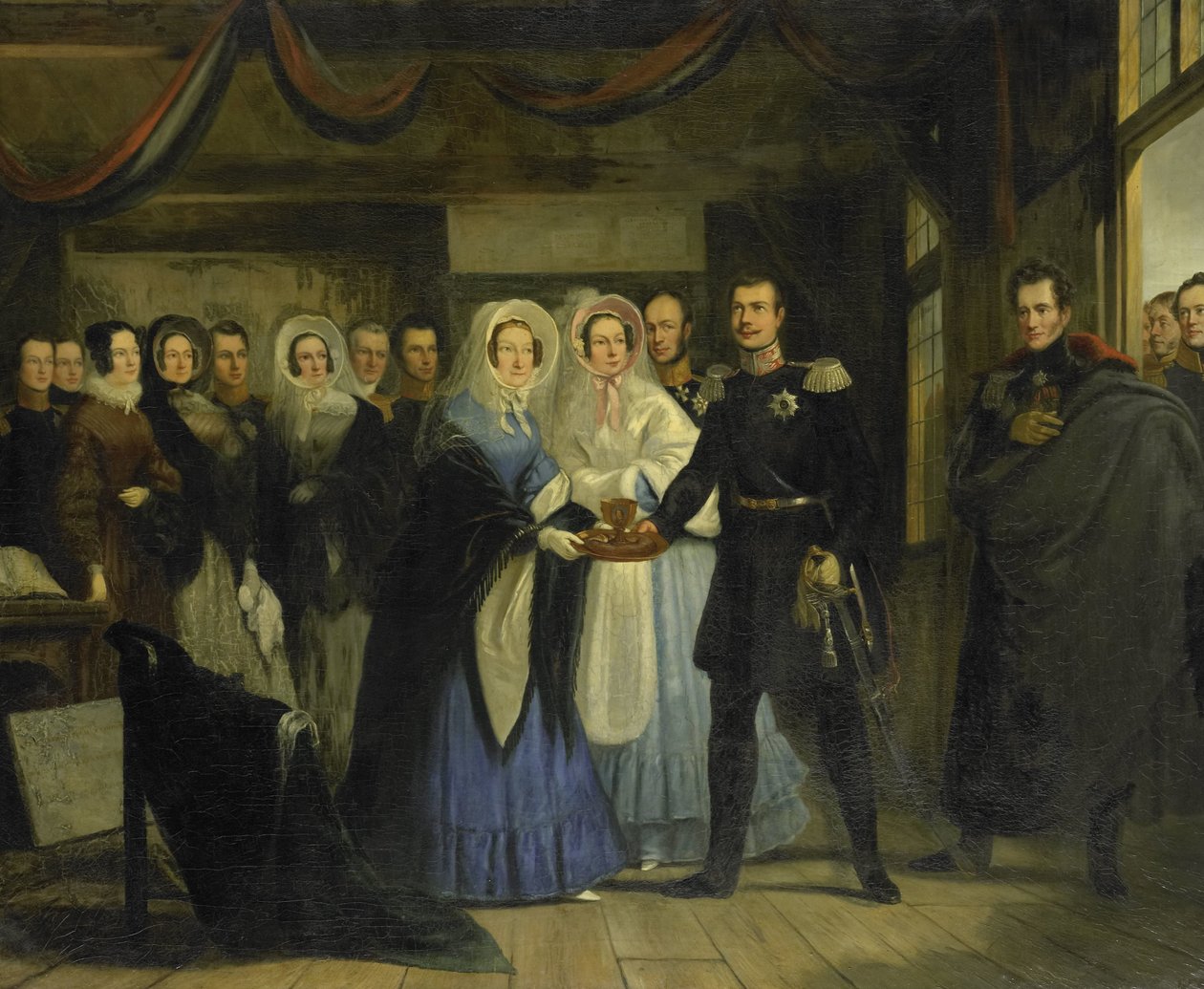 Princezna Oranžská přijímá Alexandra II. (1818-1881), velkovévodu a následníka ruského trůnu, v Domě cara Petra v Zaandamu, 17. dubna 1839 od Christiaan Julius Lodewijk Portman