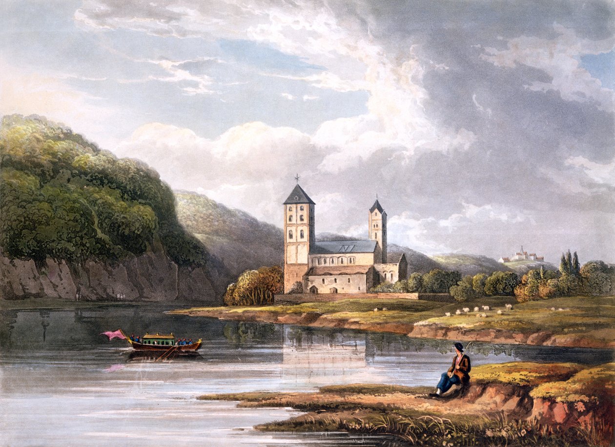 Kostel Johannes u přítoku Lahn, vyrytý T. Sutherlandem, z „Palebné cesty podél Rýna, z Mentzu do Kolína nad Rýnem“, vydal R. Ackermann, Londýn, 1819 od Christian Georg II Schutz or Schuz