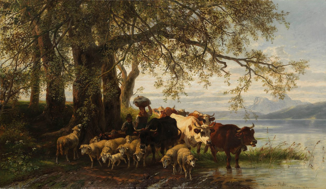 Farmářova manželka a pastevecký chlapec se stádem skotu a ovcí na břehu jezera od Christian Mali