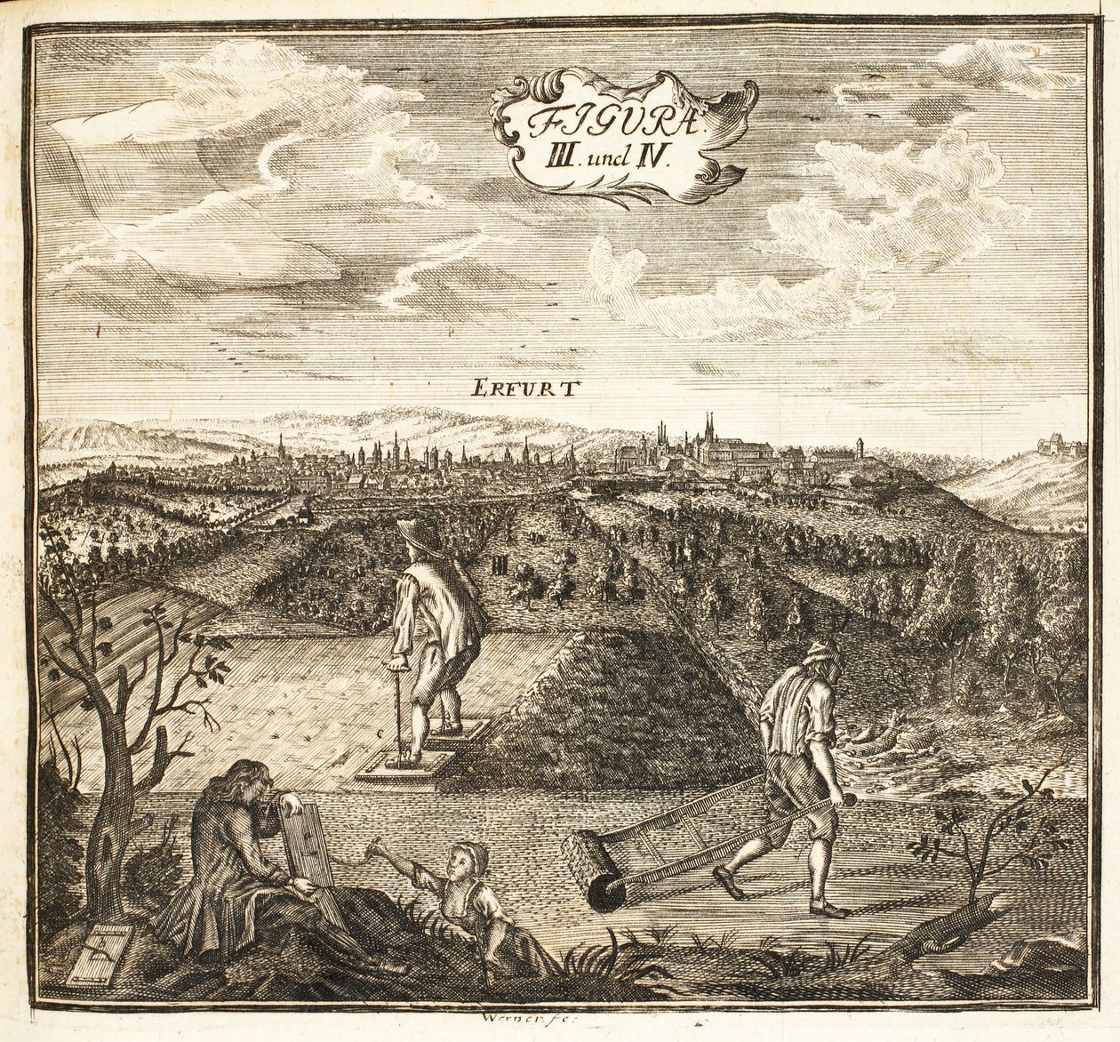 Zahrádkáři připravují půdu k setí, hospoda. Erfurt v Durynsku, 1753-55 rytina od Christian Reicharts