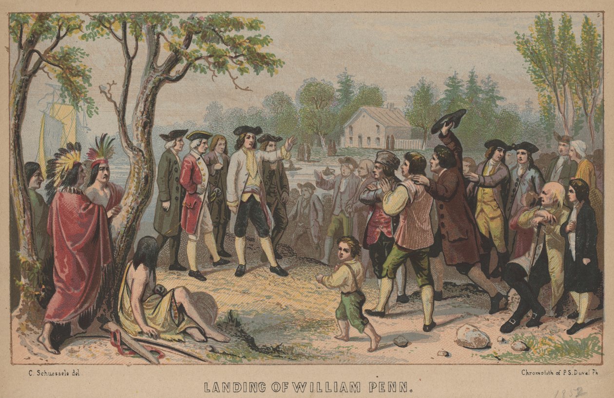 Přistání Williama Penna, litho od P.S. Duval, 1852 (chromolitho) od Christian Schuessele