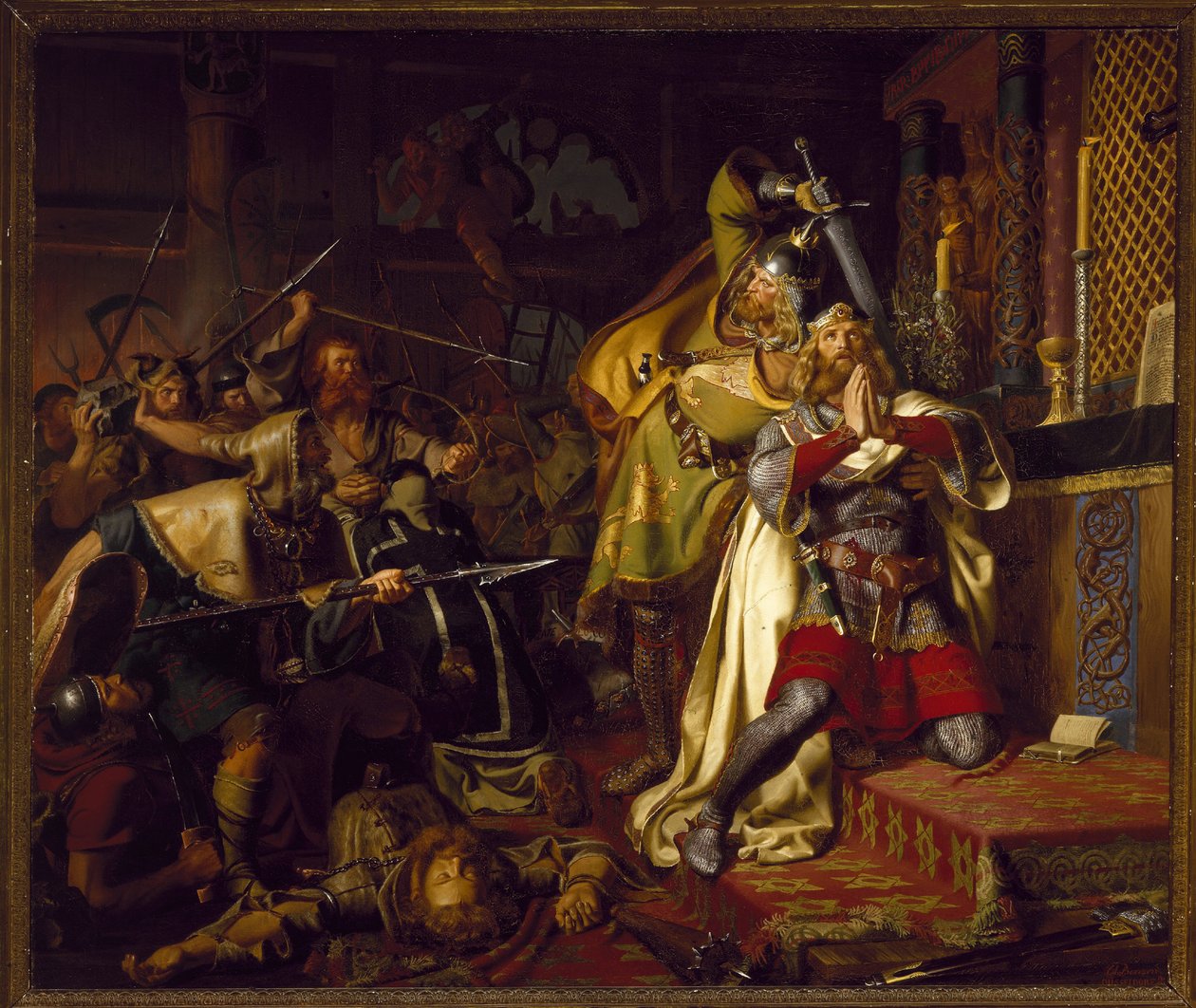 Mort de Knut (Canut, Knud) IV Dánska svatý (1040-1086) - Smrt Canute IV Dánska v kostele Saint Albanus (Vražda Canute the Holy) od Christiana Albrechta von Benzon (1816-1849) od Christian Albrecht von Benzon