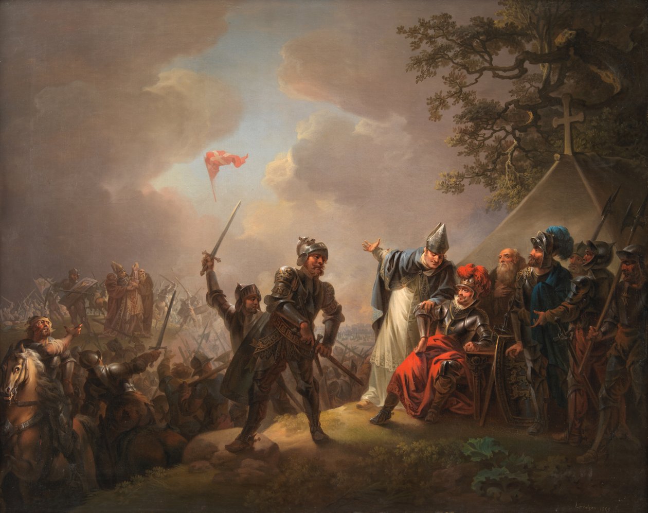Legenda o dánské vlajce. Dannebrog padající z nebe během bitvy u Lyndanise, 18 od Christian August Lorentzen