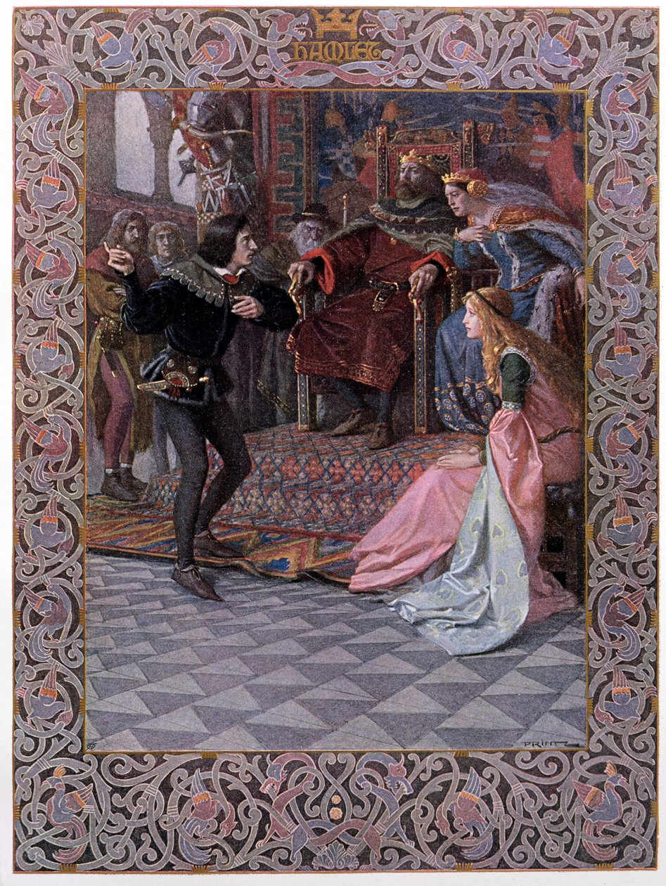 Hamlet před králem Claudiem, královnou Gertrudou a Ofélií, scéna z „Hamleta“ od Williama Shakespeara (1564-1616) kolem roku 1900 od Christian August Printz