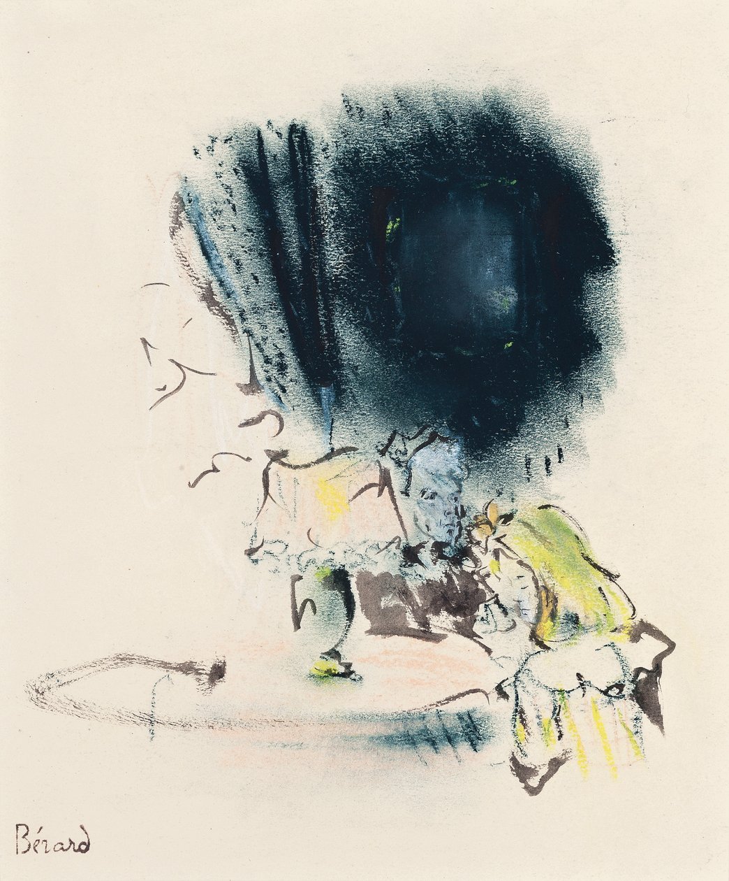 Sous la Lampe, ilustrace pro Gigi, kolem roku 1949 (pastel, štětec a inkoust na papíře) od Christian Bérard