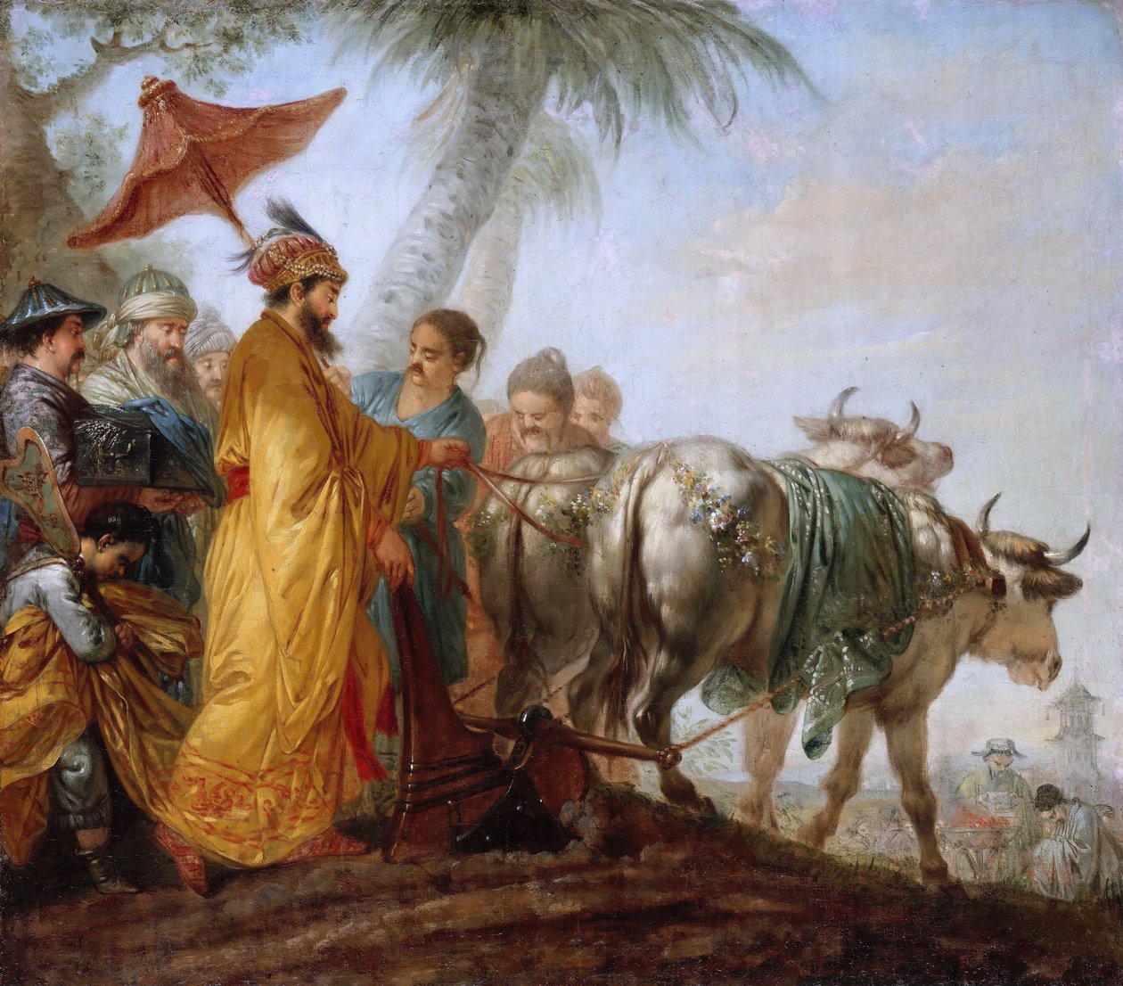 Čínský císař s pluhem. Čínský císař orá první brázdu na počest zemědělství od Christian Bernhard Rode