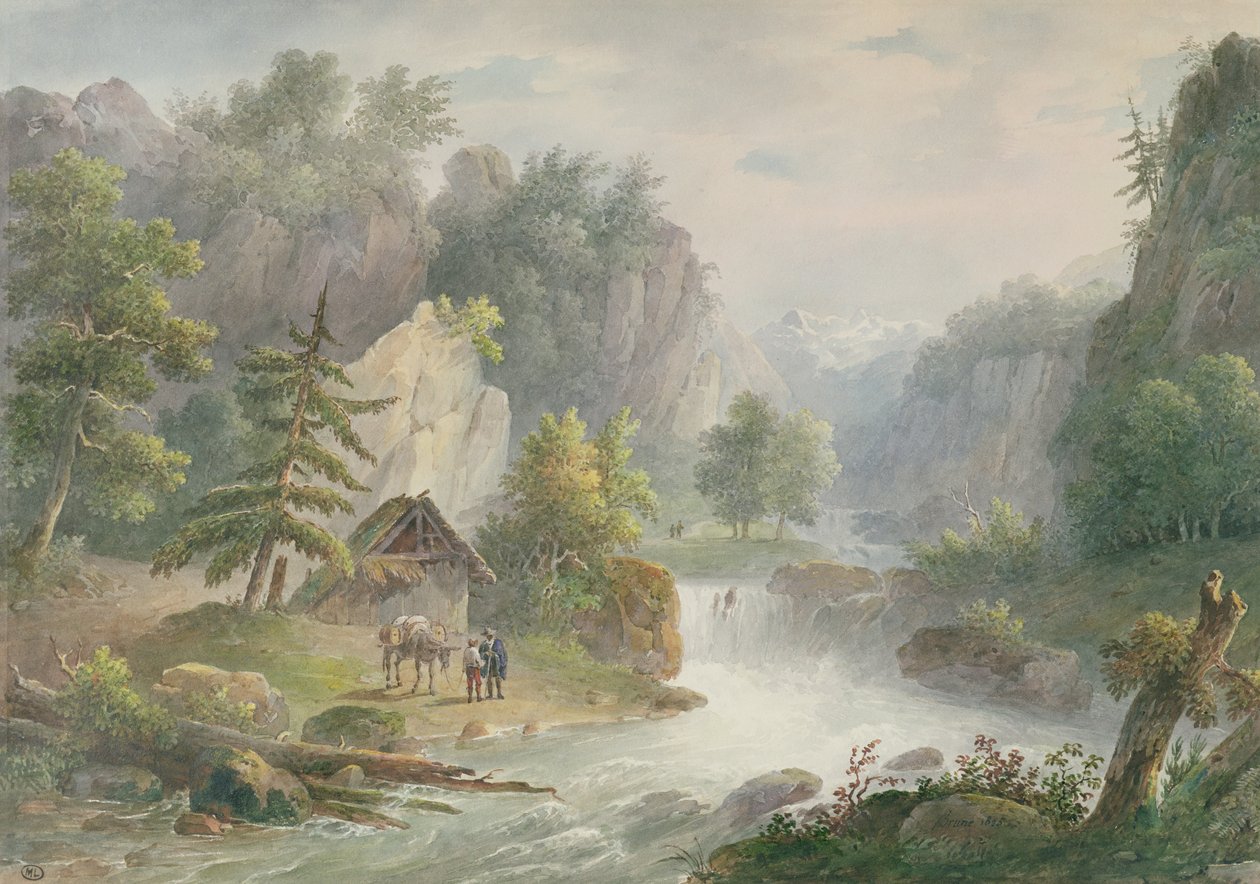 Horská krajina s torrentem, 1825 (wc na papíře) od Christian Brune