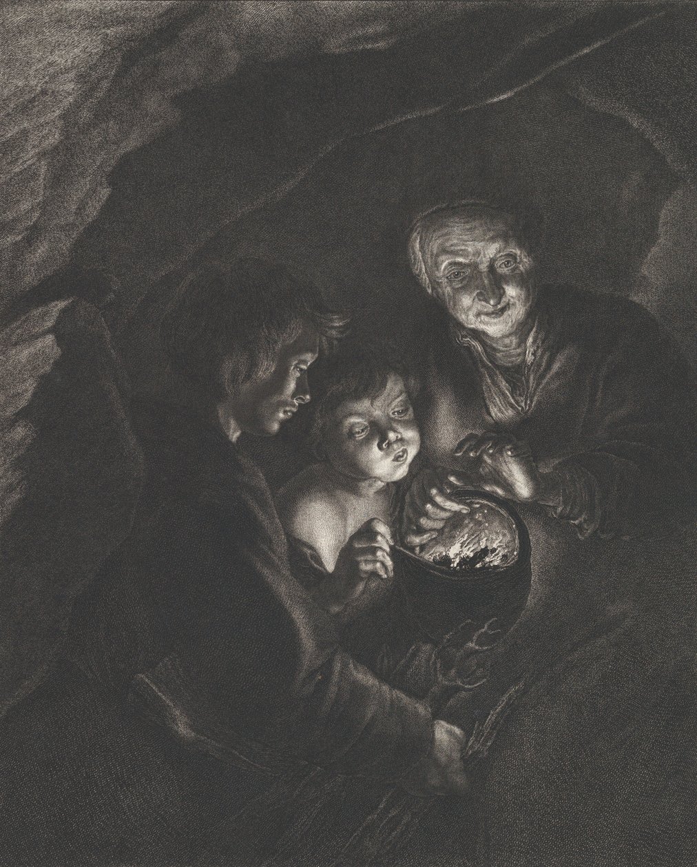 Noční scéna v jeskyni se starou ženou držící hořící uhlíky v hrnci, chlapcem blowi..., ca. 1750-57 od Christian Friedrich Boëtius