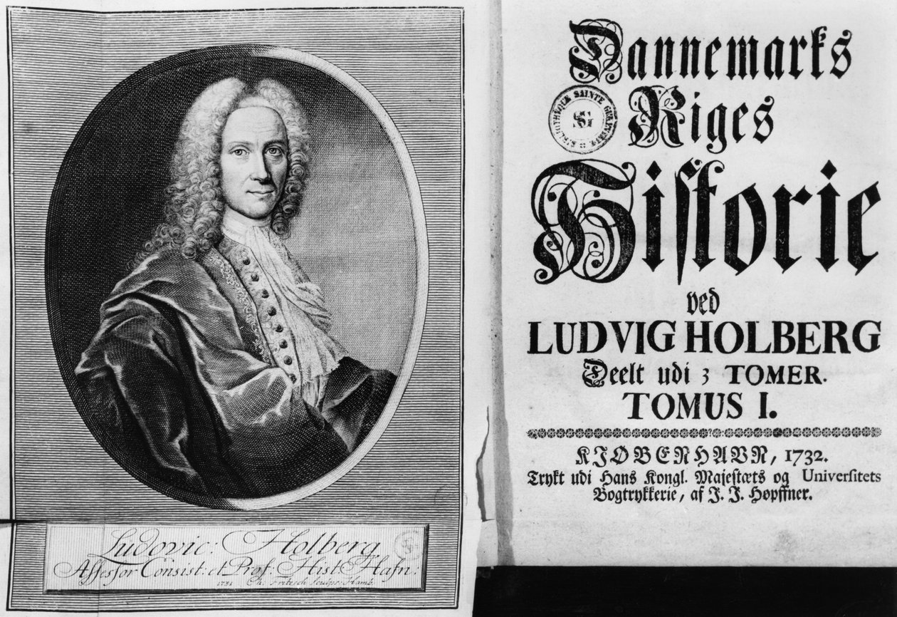 Baron Ludvig Holberg (1684-1754) a titulní strana svazku I jeho Dějin Dánska, vydané v Kodani, 1732 od Christian Friedrich Fritzsch