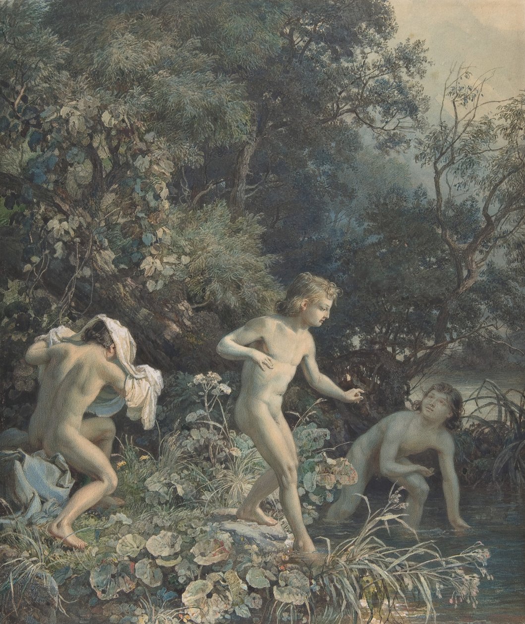 Nábřeží se třemi koupajícími se chlapci, 19. století. od Christian Friedrich Gille