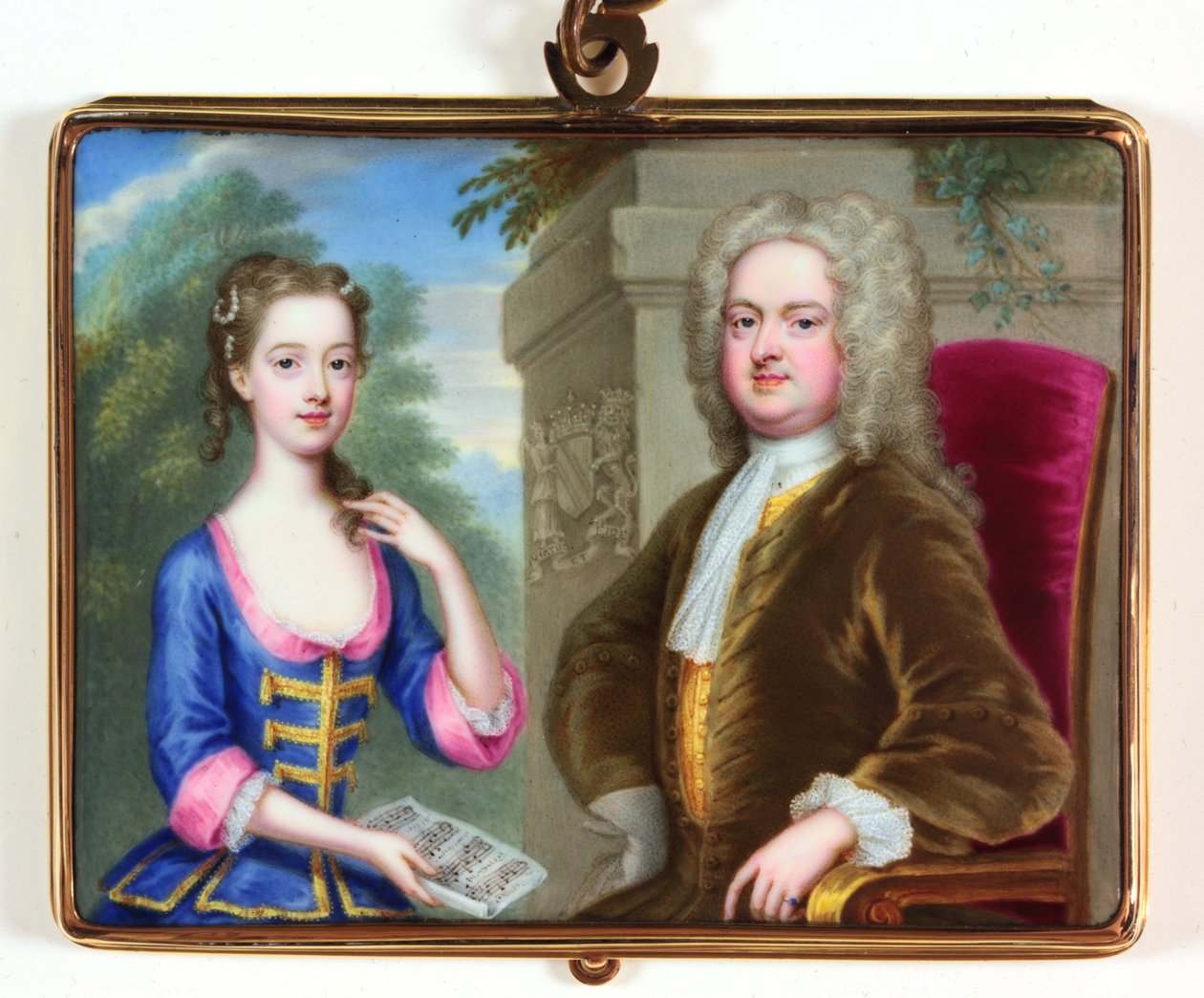 Lady Margaret Cavendish Holles Harley a její otec Edward Harley (smalt) od Christian Friedrich Zincke