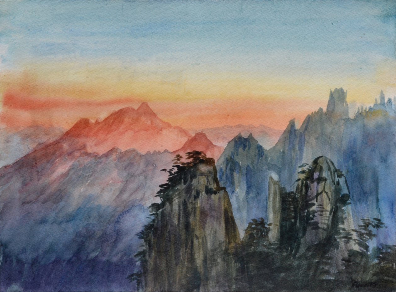 Buddhovo světlo - východ slunce Růžová hora, 2015 (akvarel na papíře) od Christian Furr