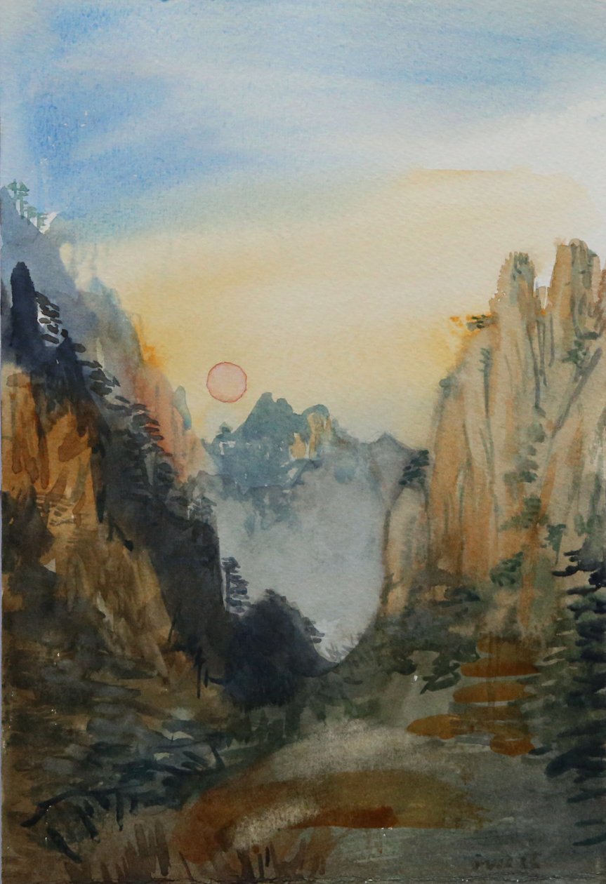 Růžové slunce - žluté hory, 2015 (akvarel na papíře) od Christian Furr