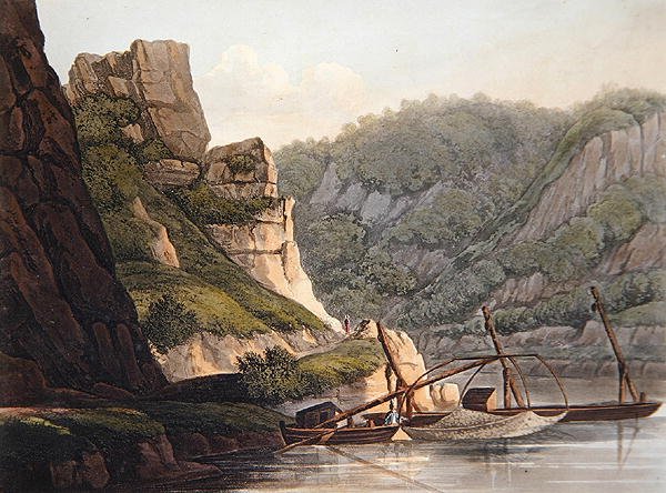 Rybolov lososů v Lurley, vyryl T. Sutherland, z knihy "A Picturesque Tour along the Rhine, from Mentz to Cologne", vydané R. Ackermannem v Londýně. od Christian Georg II (after) Schutz or Schuz