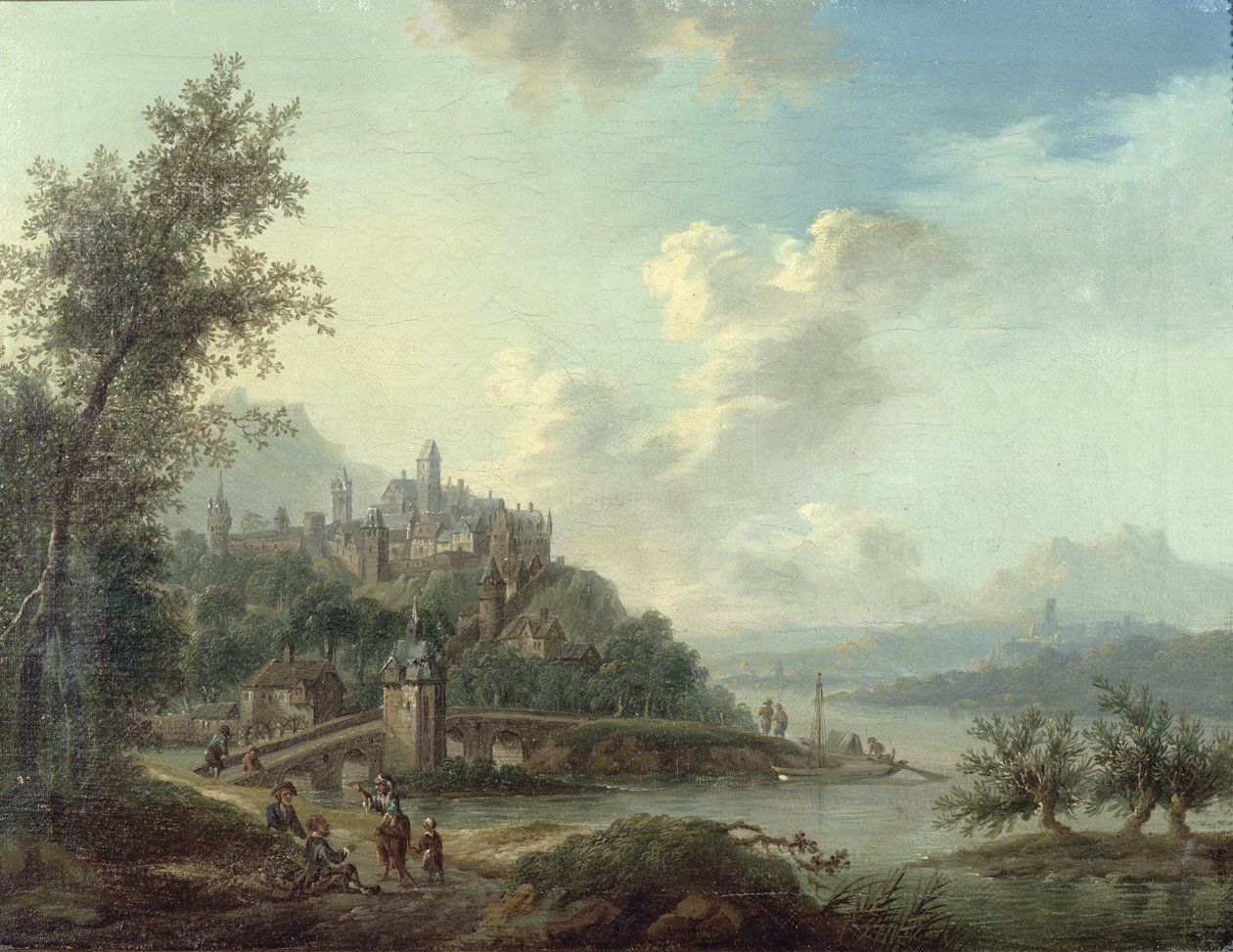 Pohled na Porýní s mostem a postavami v popředí a opevněné město na kopci za ním od Christian Georg II Schutz or Schuz