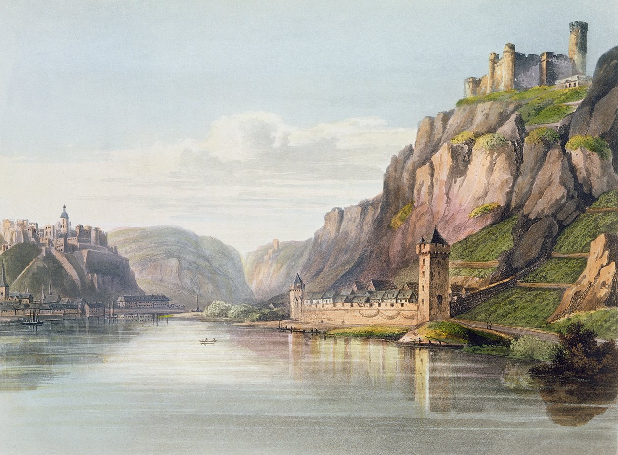 St. Goarshausen, St. Goar a Rheinfels, vyryto T. Sutherlandem, z „Palebné cesty podél Rýna, z Mentzu do Kolína nad Rýnem“, vydal R. Ackermann, Londýn, 1819 od Christian Georg II Schutz or Schuz