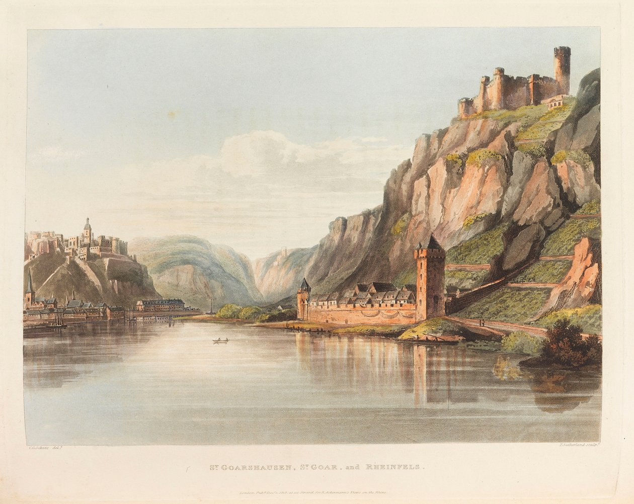 St. Goarshausen, St. Goar a Rheinfels. Z: Malebná prohlídka podél Rýna, 1820. od Christian Georg Schütz the Younger
