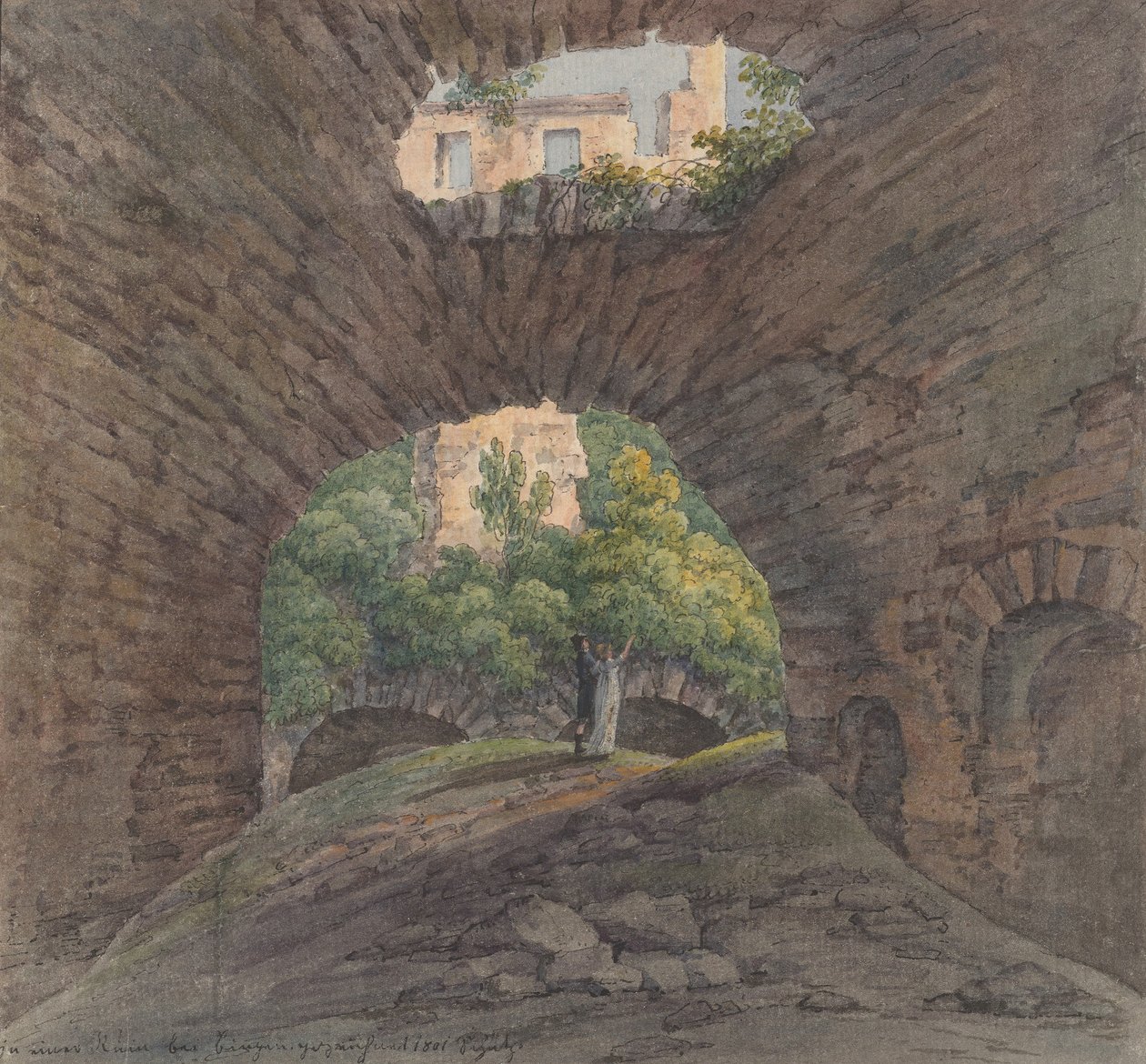 Mladý pár si prohlíží ruiny poblíž Bingenu, 1801. od Christian Georg Schutz