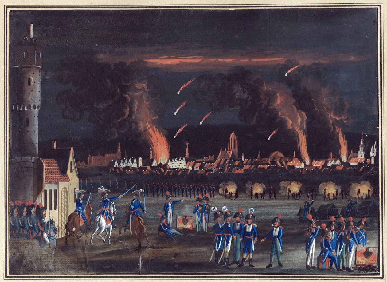 První koalice – 13. června 1796: Bombardování Frankfurtu nad Mohanem (Frankfurt) Francouzi Bombardování Frankfurtu nad Mohanem francouzskou armádou, 13. července od Christian Georg the Elder Schuetz