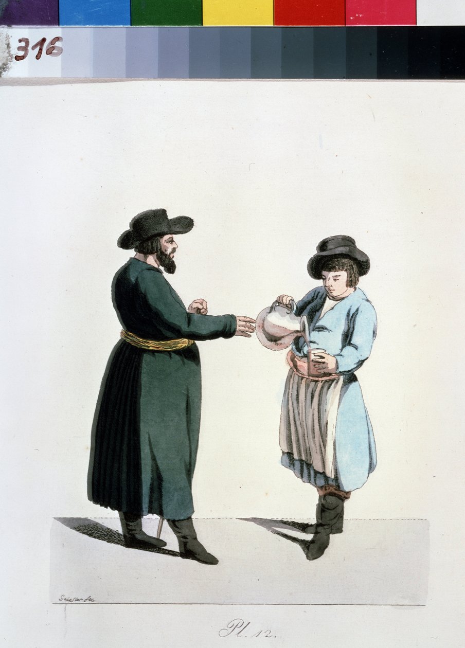 Série o moskevských obchodníkech: prodejce kvasu (kwas nebo kwass). Kvass vendor (ze série Moskevští obchodníci). Kresba Christian Gottfried Heinrich Geissler (1770-1844) od Christian Gottfried Geissler