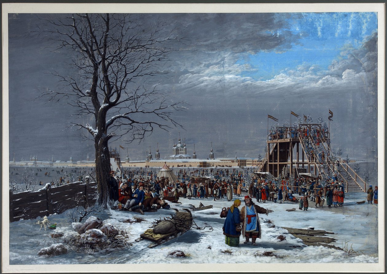 Horské dráhy na Něvě u Smolného kláštera v Petrohradě - Christian Gottfried Heinrich Geissler (1770-1844). Mědirytina, akvarel od Christian Gottfried Geissler