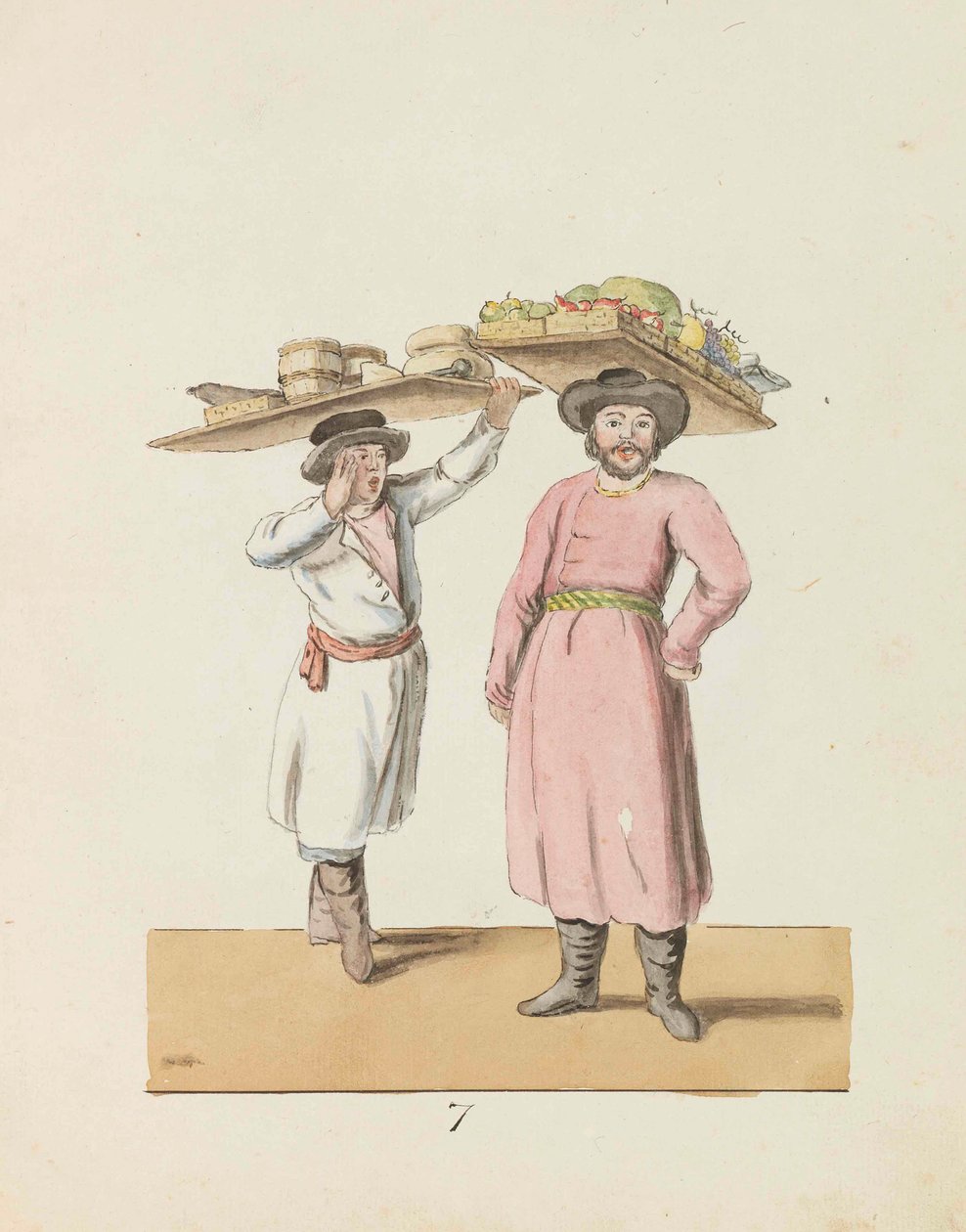 Prodavač ovoce a rolník prodávající sýr a sledě Ze série Petrohrad..., 1799. od Christian Gottfried Heinrich Geissler