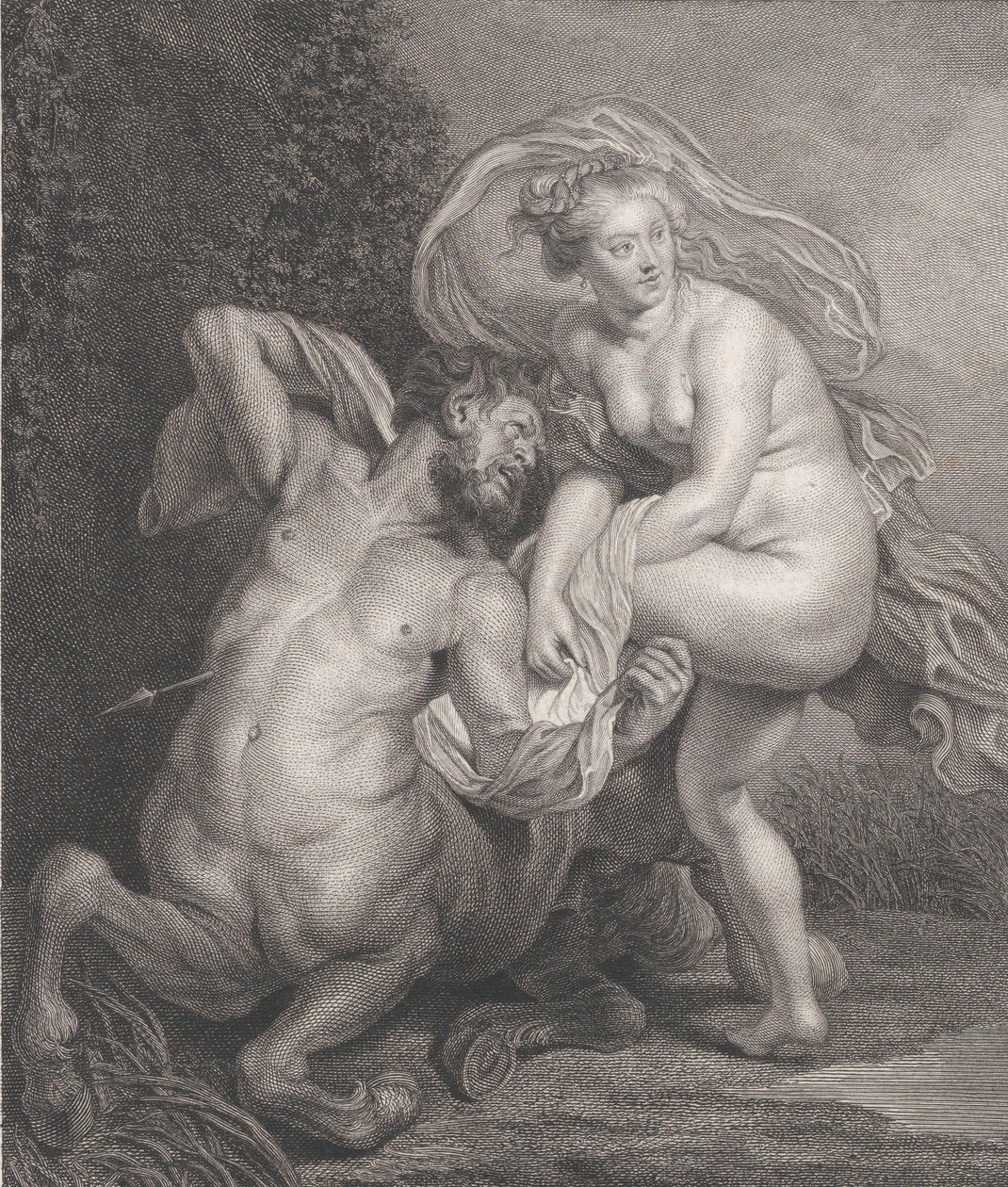 Deianeira dostává otrávenou tuniku od Nessuse a zraněný kentaur padá do..., 1778. od Christian Gottfried Schulze
