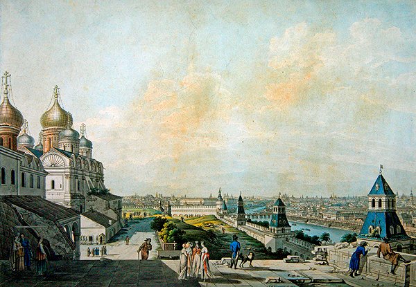 Moskva, pohled na město, vlevo od Kremlu (rytina s akvarelem) od Christian Gottlob Hammer