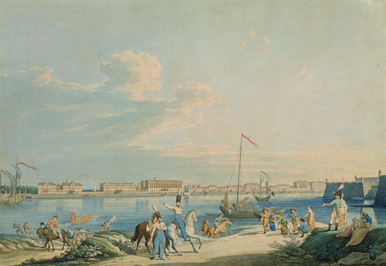 Pohled na Mramorový palác a severní stranu Petropavlovské pevnosti, St. Petersburg (rytina s wc) od Christian Gottlob Hammer