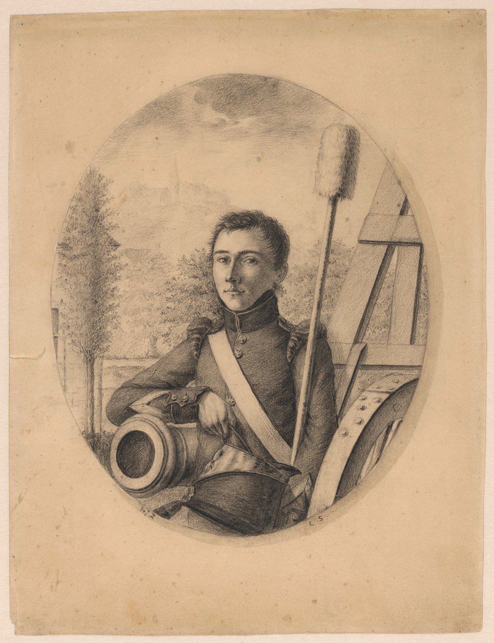 Portrét mladého vojáka, kepi v pravé ruce, opírajícího se o hlaveň děla (autoportrét?) od Christian Heinrich Gottlieb Steuerwald