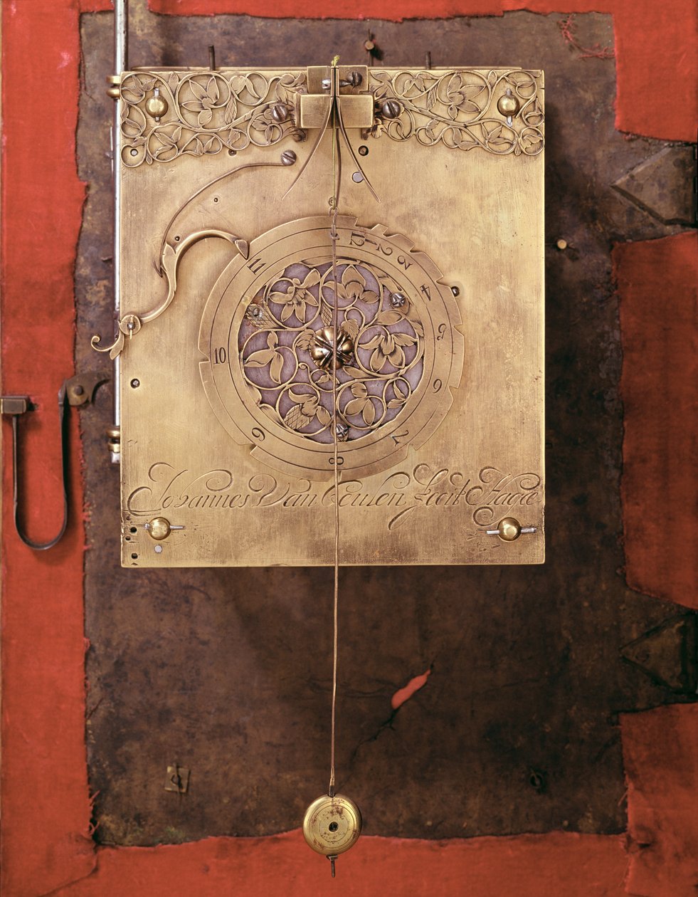 Rané kyvadlové hodiny poháněné váhou, detail mechanismu ovládání zvonku, sestrojil Johannes van Ceulen od Christian Huygens