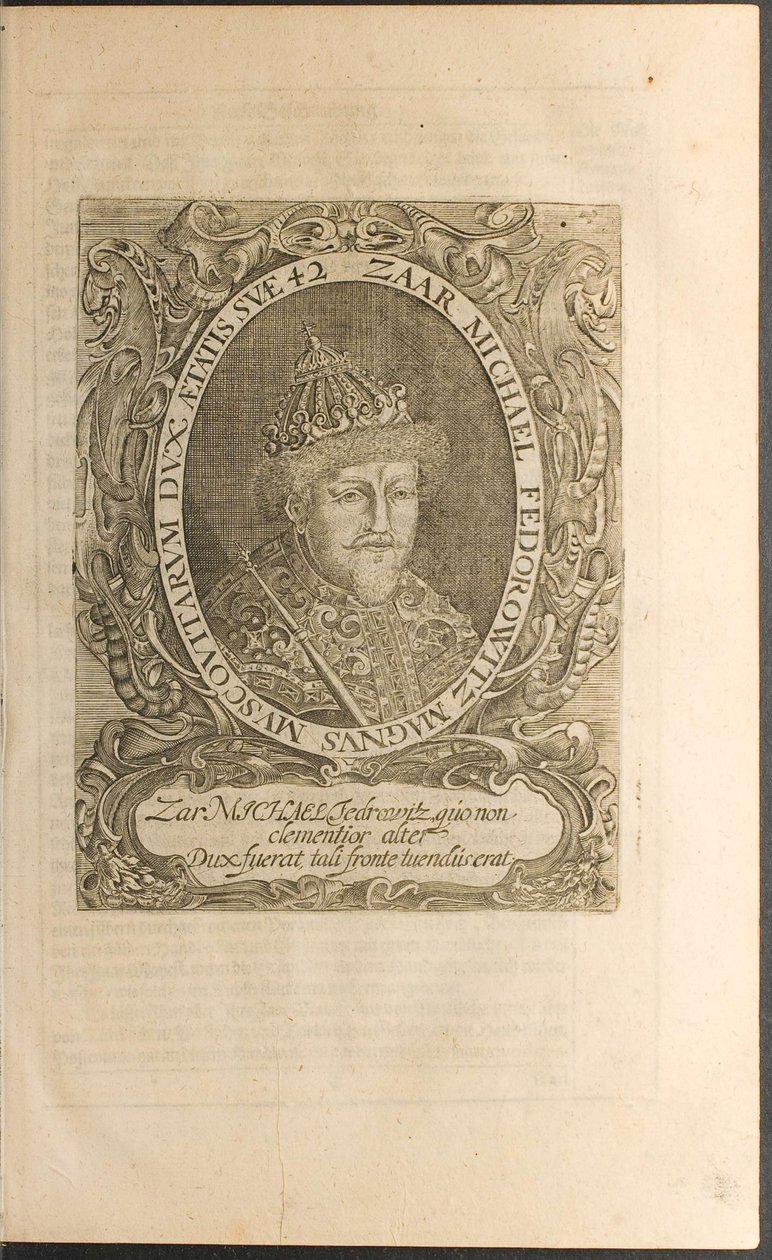 Portrét cara Michaila I. Fjodoroviče Ilustrace z cest k velkému vévodovi z Muscova od Christian Lorenzen Rothgiesser