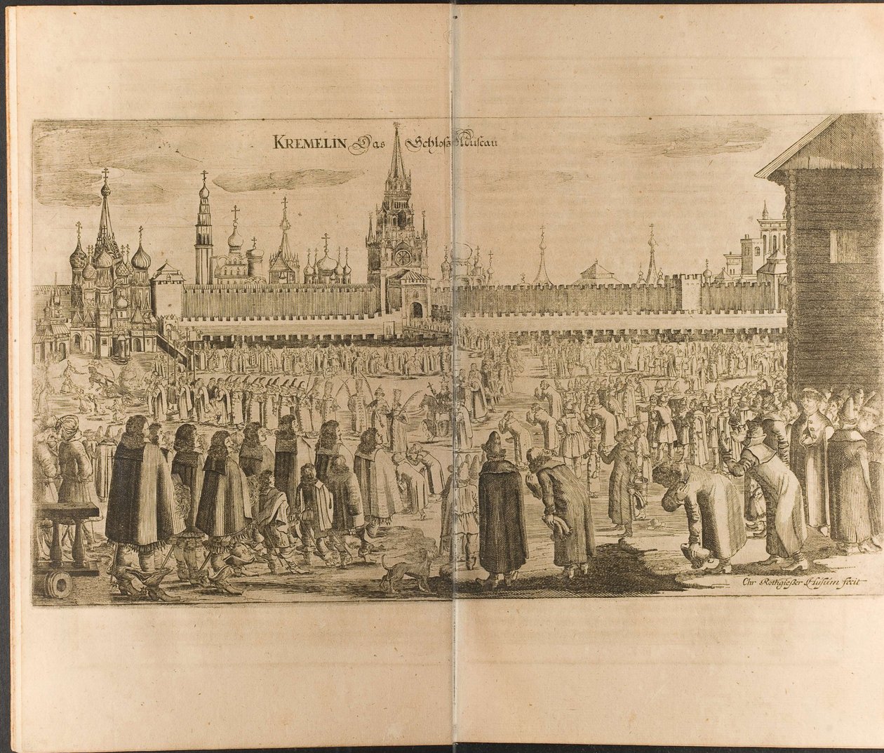 Oslí procházka v moskevském Kremlu Ilustrace z Cest k Velkému vévodovi z Muscovy atp od Christian Lorenzen Rothgiesser