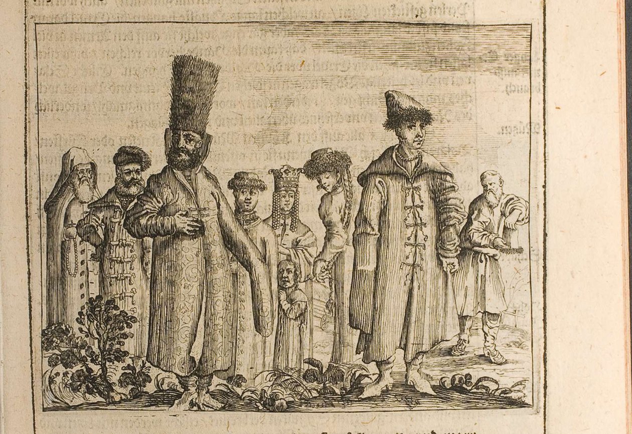 Tradiční oděv Moskovců Ilustrace z Cest k Velkému vévodovi z Muscovy a příbuzným od Christian Lorenzen Rothgiesser