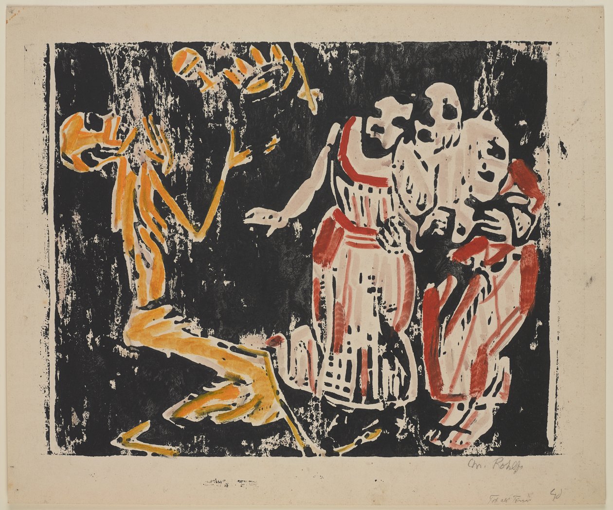 Smrt jako žonglér (Revoluce) (Tod als Jongleur [Revoluce]), 1918-19 (barevný dřevoryt ve žluté, červené a černé na silném tkaném papíře) od Christian Rohlfs