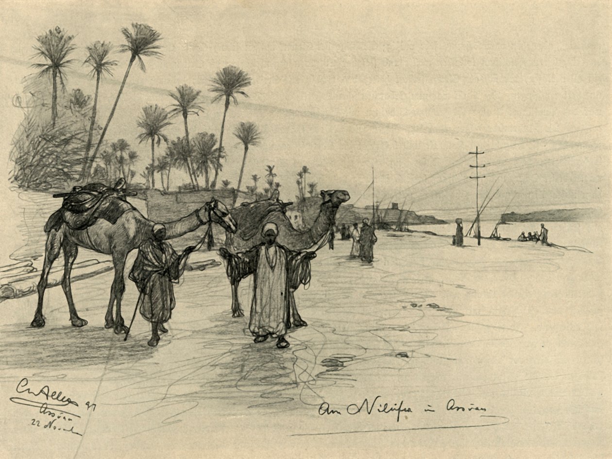 Velbloudáři na březích Nilu v Asuánu, Egypt, 1898. od Christian Wilhelm Allers