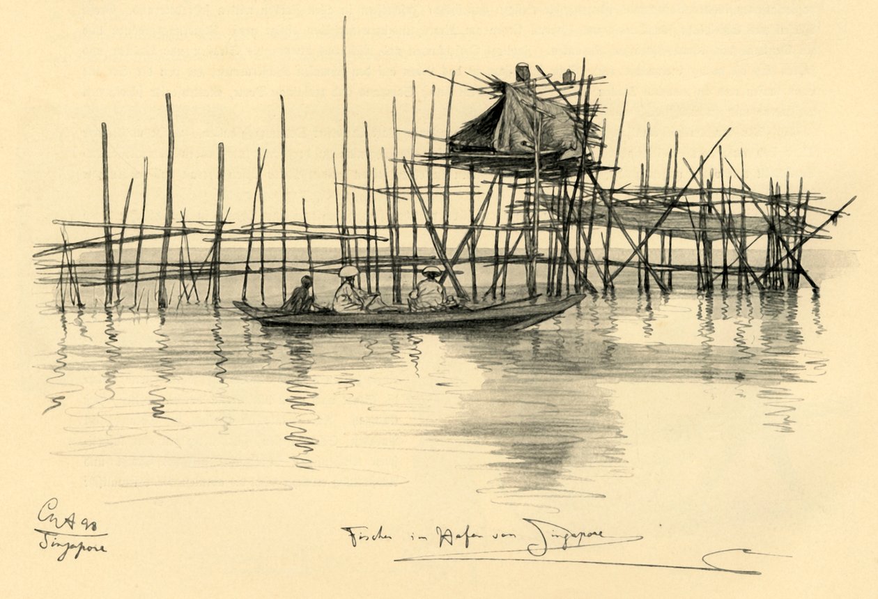 Dům na kůlech a rybáři v Singapuru Harbour, 1898. od Christian Wilhelm Allers
