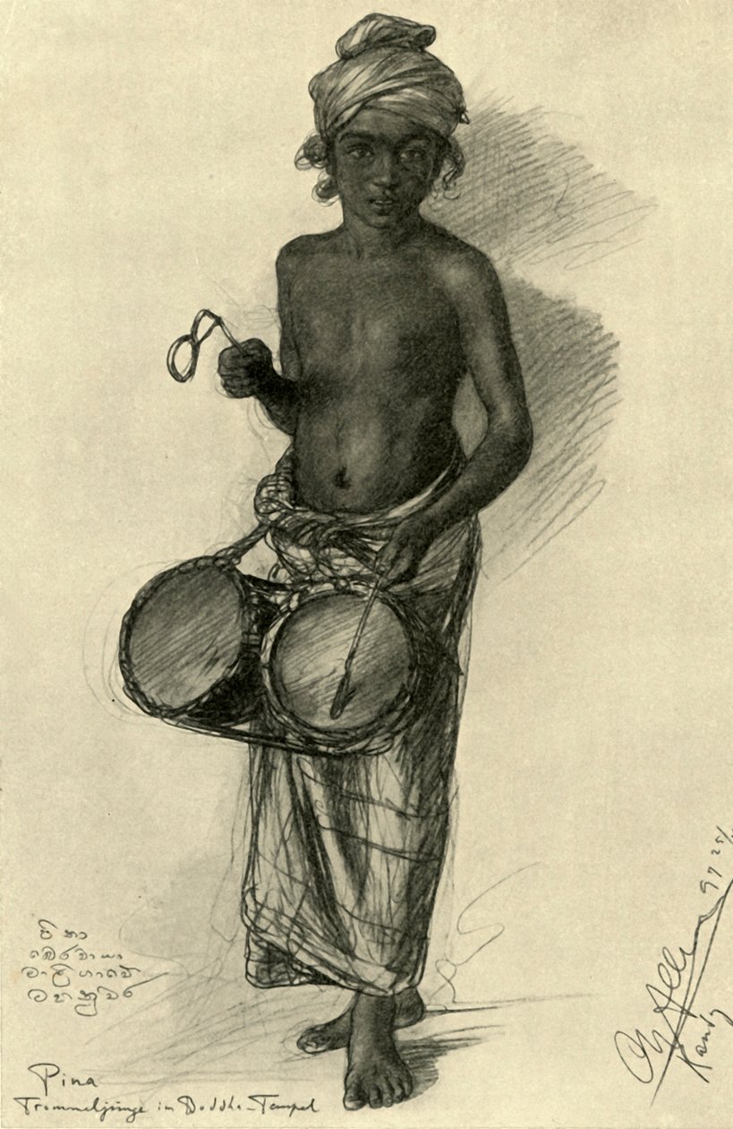Pina - bubeník v buddhistickém chrámu, Kandy, Ceylon, 1898. od Christian Wilhelm Allers