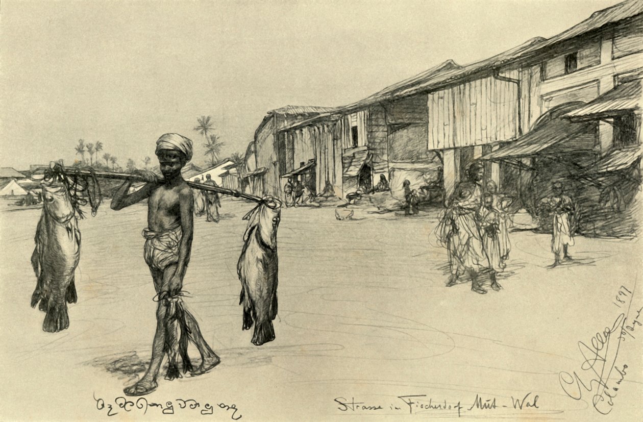 Pouliční scéna v rybářské vesnici, Mutwal, Ceylon, 1898. od Christian Wilhelm Allers