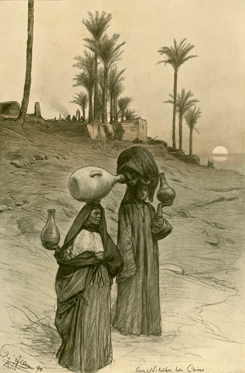 Ženy nesoucí hrnce s vodou na březích Nilu, Káhira, Egypt, 1898. od Christian Wilhelm Allers