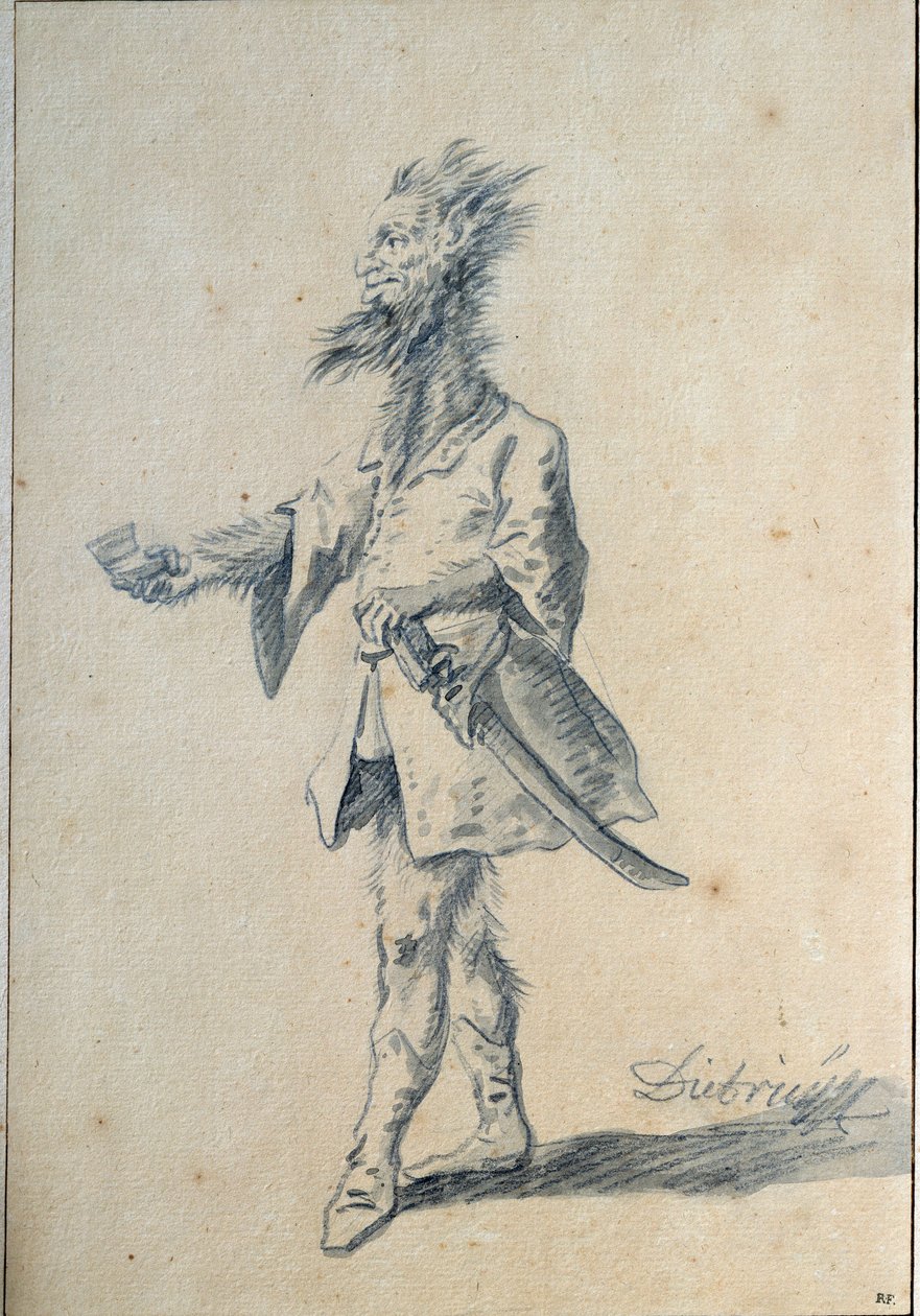 Divoký muž Karikatura zobrazující monstrózního muže s dlouhým chlupatým krkem a roztřepenýma ušima. Lavis od Christiana Wilhelma Ernsta Dietricha (1712-1774) 18. století Sun. 0,3x0,2 m Paříž, musee du Louvre od Christian Wilhelm Ernst Dietrich