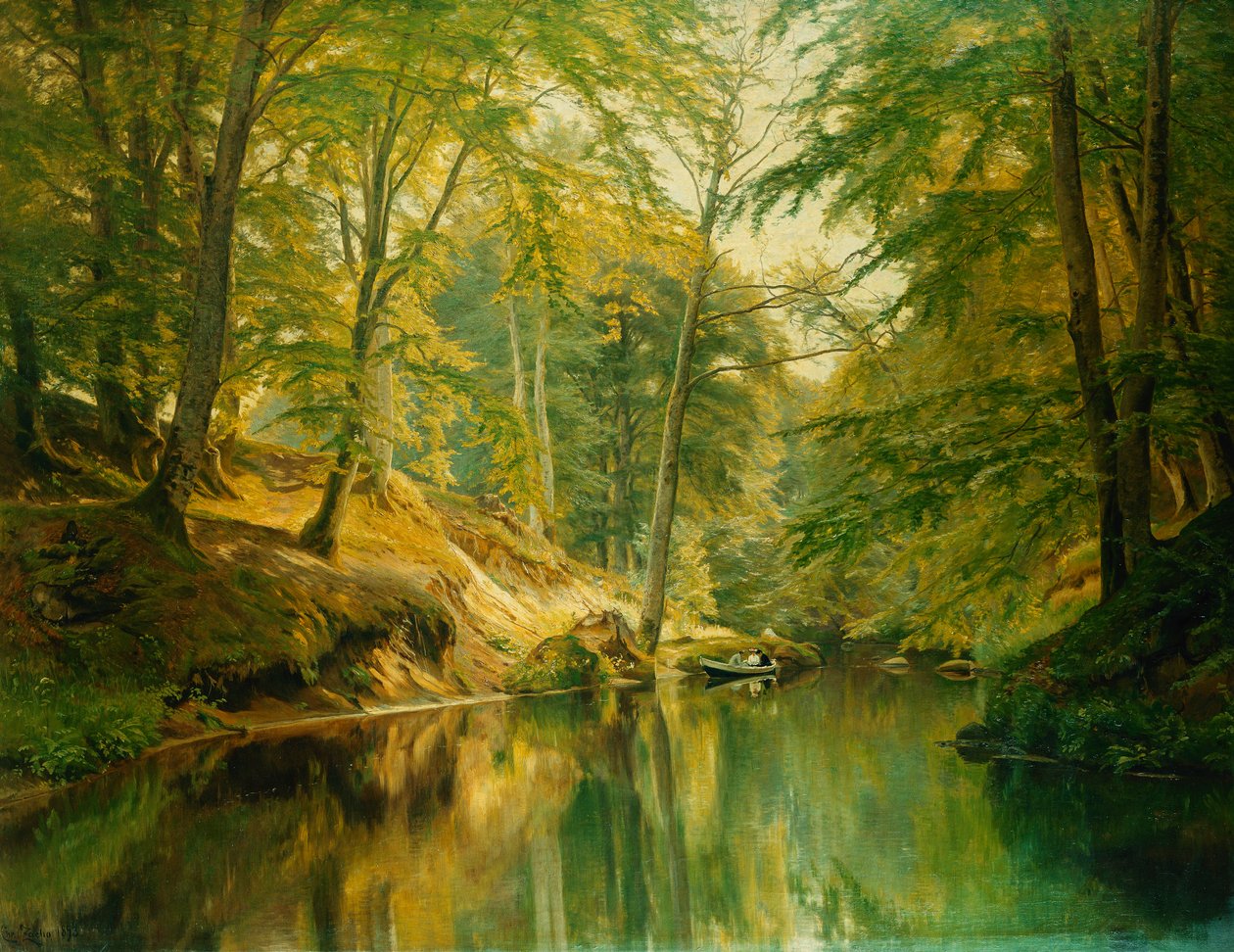 Zalesněná říční krajina s postavami ve člunu, 1893 od Christian Zacho