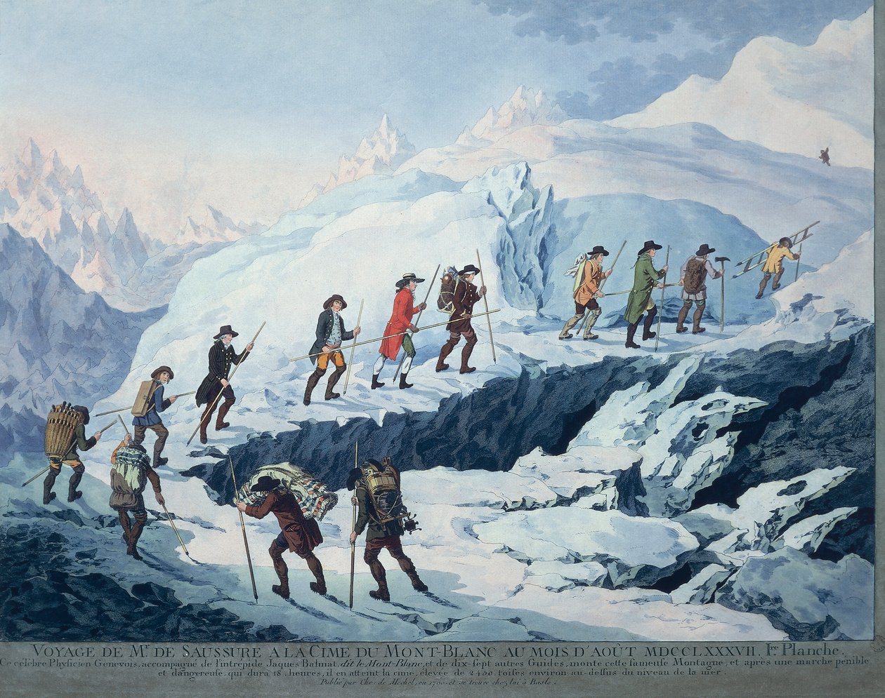 Horace-Benedict de Saussure šplhající na vrchol Mont Blancu v srpnu 1787 od Christian von Mechel